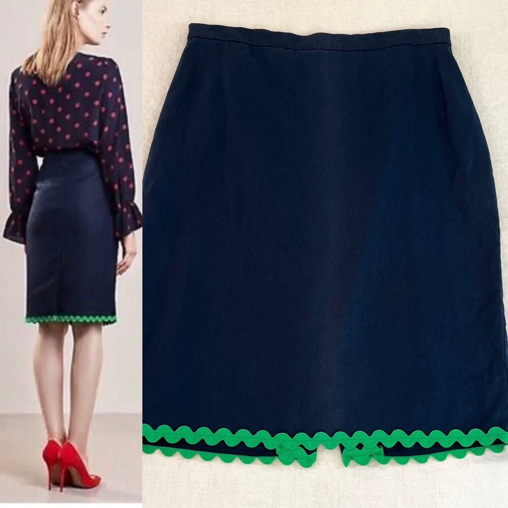J.Crew Navy Blue Green Ric Rac Linen Retro Preppy Twee Revival Pencil Skirt Sz 6